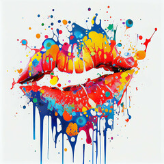 Colorful paint splash in shape of lips on white background, generative AI digital art. - 574054081