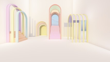 Interior arch and stairs in trendy minimal design. Gradient pastel colors background. Abstract modern geometric style composition 3d render