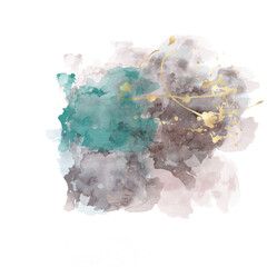 watercolor smudge painting, brush stroke with liquid texture on transparent background with gold design element, png 