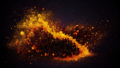Burning particles flying. Flame color. Orange and yellow burning glowing flying particles with black background.