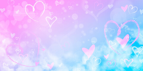 Pink blue background. Heart. Valentines day. Defocused bokeh and highlights