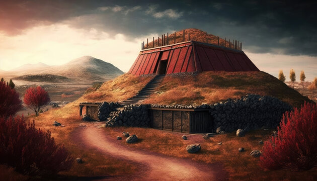 A captivating depiction of a Roman wooden camp with palisade walls, situated atop a hill covered in dark red grass