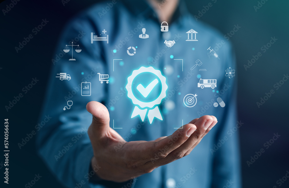 Aufkleber Quality management with Quality Assurance or QA and Quality Control or QC and improvement. Standardization, certification. Compliance to regulations service and standards.
