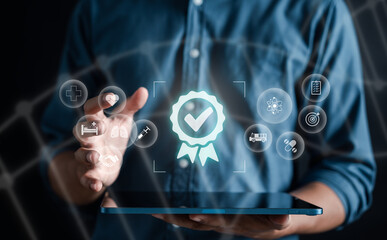 Health insurance concept. Man hands holding guarantee icon and healthcare medical icon, health and access to welfare health concept...