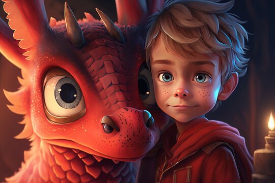Young cute boy child with his cute red pet dragon