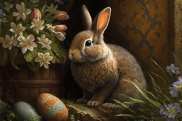 Easter Scene with Easter Bunny with easter eggs . easter scene, wallpaper