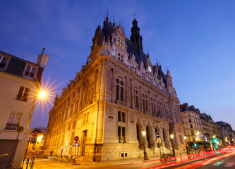 The city hall of 10th district of Paris at night. The building was inaugurated in February of 1896.