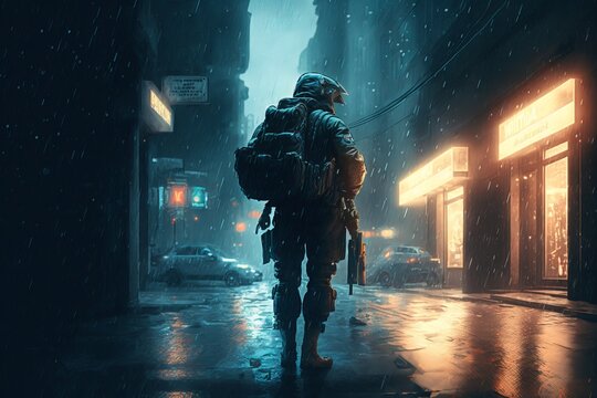 Futuristic soldier walking down a night city street. Gothic fantasy.
