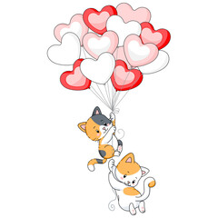 kittens hanging on heart shaped balloons