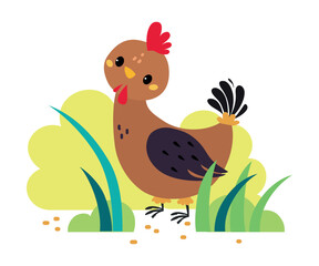 Cute hen pecking grain in grass. Poultry bird on nature cartoon vector illustration