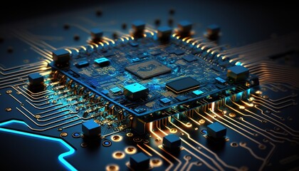 Close up of an electrical circuit board with a CPU, a microchip, and other electronic components in the background. Generative AI