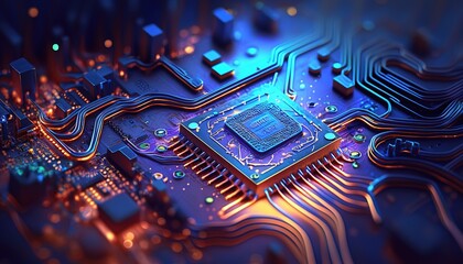 Close up of an electrical circuit board with a CPU, a microchip, and other electronic components in the background. Generative AI