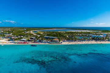 Fototapeta na wymiar An aerial view over a resort and reservoir on the island of Grand Turk on a bright sunny morning