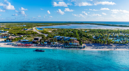 An aerial view over a resort on the island of Grand Turk on a bright sunny morning - obrazy, fototapety, plakaty
