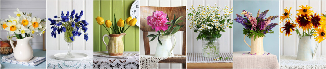 set of summer and spring bouquets on the table indoors. peonies and tulips in a jug, daisies in a vase.