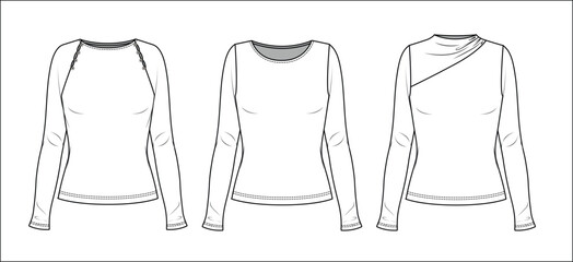 Vector round neck long sleeved t shirt fashion CAD, woman winter top with frill details technical drawing, template, sketch, flat, mock-up. Jersey or rib fabric top with front, back view, white color - obrazy, fototapety, plakaty