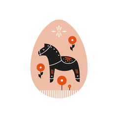 Easter egg. Cartoon floral pattern with horse, abstract decorations, happy Easter concept. Vector isolated illustration