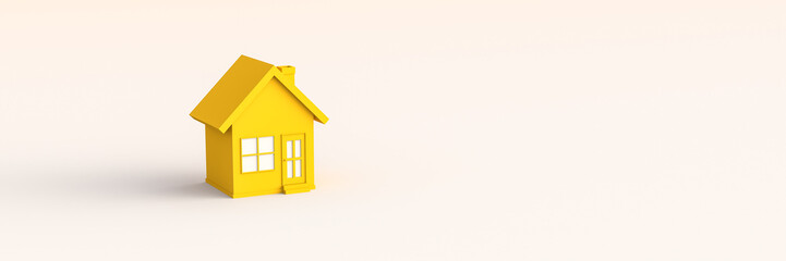 Yellow house on white background with empty copy space on right side. Hunting and searching concept. 3D Rendering