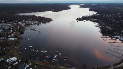 Beautiful aerial river view with a cloud reflection sunset
