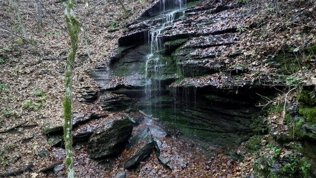 Fall Hollow Waterfall on the Natchez Trace Parkway in Tennessee. Water cascades over slate with autumn leaves.