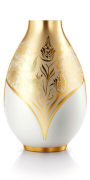Beautiful Crafted Vase with Intricate Golden Sculpted and Painted Details Modern But Classical -- Gold, Silver, Floral Details, Geometrical Details, Organic Shaped -- Generative AI
