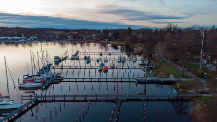 Aerial view of a docking area azure sky
