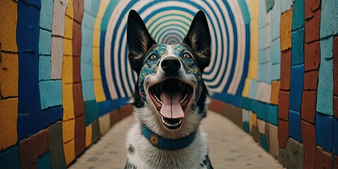 carnival, party, a dog with raised ears in front of a colorful wall, balloons and confetti