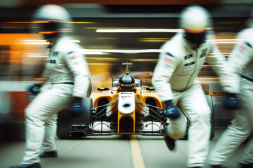 Dynamic scene of formula one racing car at pit stop symbolizing high speed and efficiency, generative AI