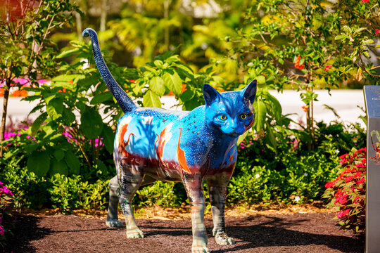 Miami, FL, USA - February 19, 2023: Photo of Dogs and Cats art sculptures in Miami at Maurice A Ferre Park