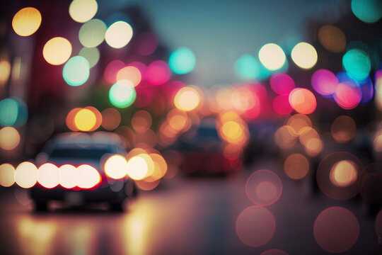 backdrop background texture of blurred and out of focus lights, glowing rbokeh of summer night city and trafic lights, warm and artificial colors, generative AI