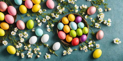 Fototapeta na wymiar Colorful painted easter eggs in a basket and beautiful white spring flowers composition on blue gray table background. Generative AI