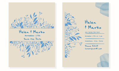 Fototapeta na wymiar Minimalist trendy wedding invitation card design, watercolor blue line drawing on beige paper.Stylish invitation vector