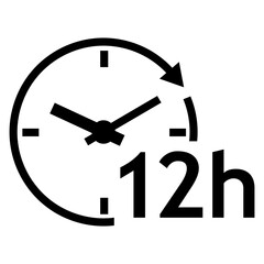 Logo con texto 12 h con silueta de esfera de reloj simple con líneas con forma de flecha girando en círculo