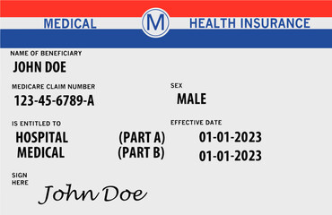A medical insurance card that is similar to a Medicare card in appearance is seen in a 3-d illustration. - obrazy, fototapety, plakaty