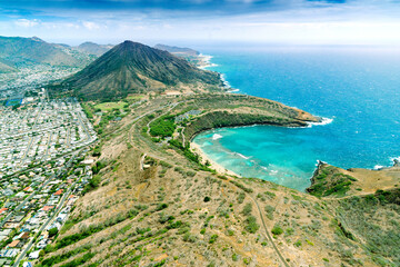 Aerial Photography,Helicopter.Hanauma Bay and Coco Crater.Honolulu,Oahu,Hawaii,USAAloha Shirt Store,Waikiki