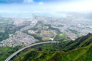 Fototapeta na wymiar Aerial Photography,Helicopter.Hanauma Bay and stairway to heaven hike.Honolulu,Oahu,Hawaii,USAAloha Shirt Store,Waikiki