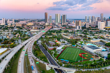Fototapeta premium Downtown,Mc Arthur Causeway,Aerial, .Miami,Miami Beach South Florida,USA