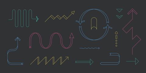 Trendy line arrows. Doodle colorful direction pointers different shapes, various quirky stroke elements. Vector set
