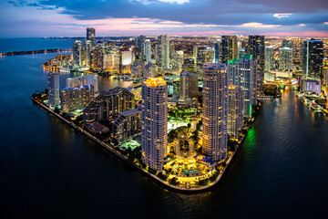 Brickell Key and Downtown,Mandarin Oriental and Intercontinental Hotel,.Aerial View,Miami,South...