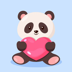 Cute cartoon panda holding heart in hands 