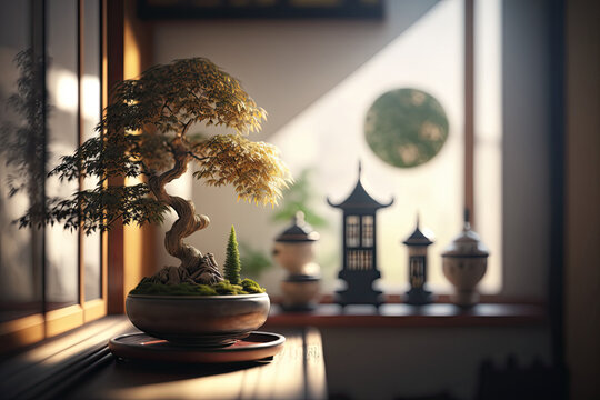 Home living room interior design in traditional Zen Japanese style with traditional Japanese Bonsai tree. Copy space, selected focus. Photorealism. Generative AI