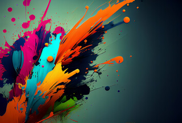 Multicolored splashes of paint from the left corner on a dark green background