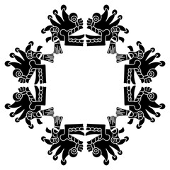Round ethnic frame with Aztec skulls with open mouths and stick out tongues. Native American symbol from Mexican codex. Black and white silhouette.