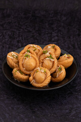 Chandrakala Gujia Mithai Also Called Suryakala Gujiya, Pirukiya, Pirukia, Pedakiya, Karanji, Basundi Gughra Made Of Suji Ghee Stuffed With Mawa Khoya Chasni Mava Khoa For Deepawali, Teez, Holi, Teej
