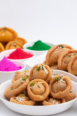 Chandrakala Gujia Mithai Also Called Suryakala Gujiya, Pirukiya, Pirukia, Pedakiya, Karanji, Basundi Gughra Made Of Suji Ghee Stuffed With Mawa Khoya Chasni Mava Khoa For Deepawali, Teez, Holi, Teej