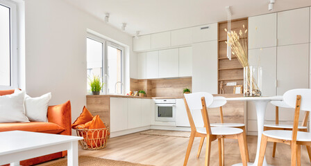 Interior of kitchen with living room in open space with white furniture, comfortable sofa in red color, window and wooden floor.