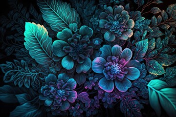 Fototapeta na wymiar Fantasy Luminous Flowers: Beautiful Top-View Floral Background, generative ai
