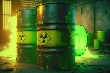 Radioactive waste in barrels, radiation storage. Created with Generative AI technology. - obrazy, fototapety, plakaty