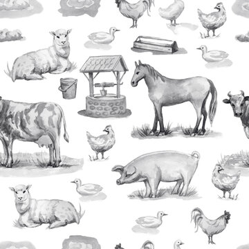 Domestic animals farm cow sheep horse chicken rooster watercolor illustration hand drawn big set isolated on white background