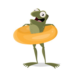 funny cartoon frog with a swimming ring